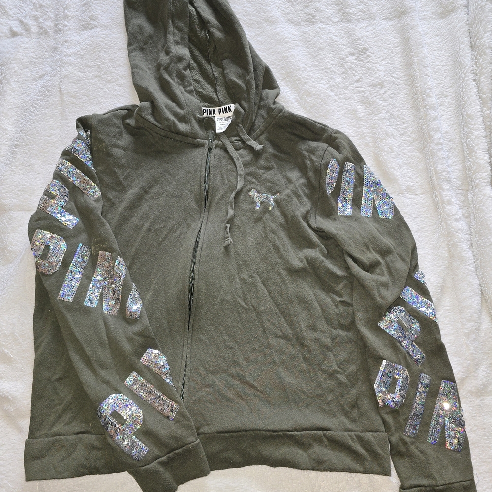 VS PINK - Sequined Zippered Sweater - Olive Green - Size Large